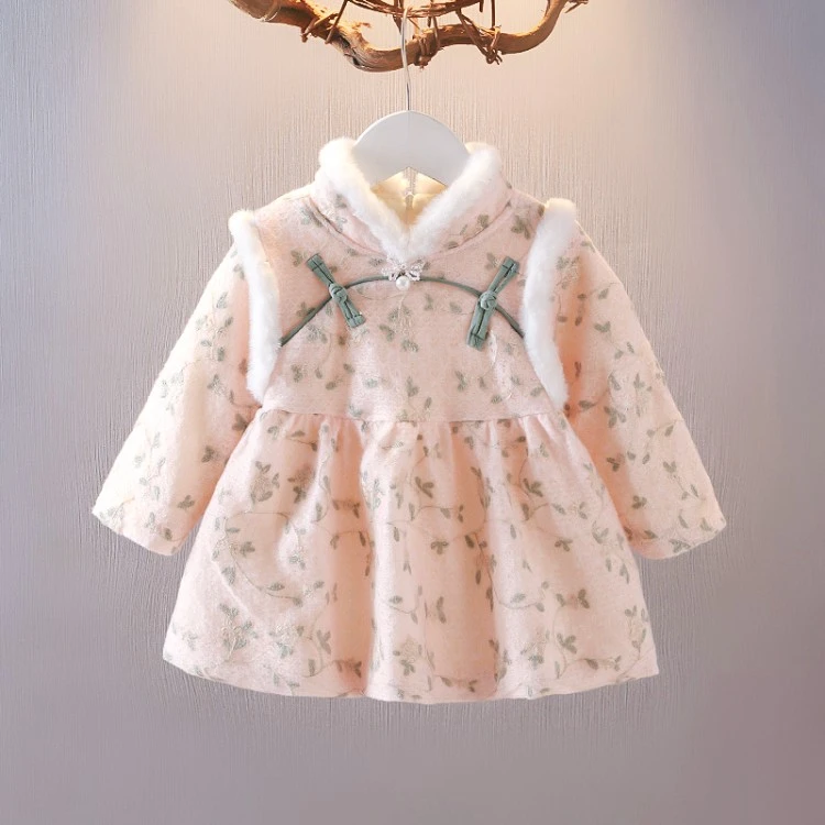 女童秋装汉服加绒唐装年服1到4岁小童衣服裙式上衣女宝宝周岁服装