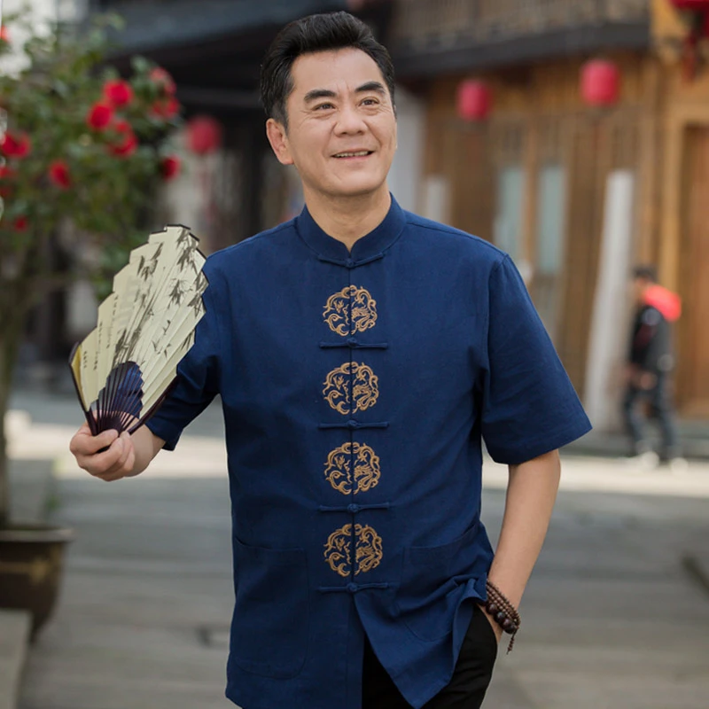 中老年人短袖衬衫夏季男士唐装父亲节衣服中年爸爸装夏装40-50岁