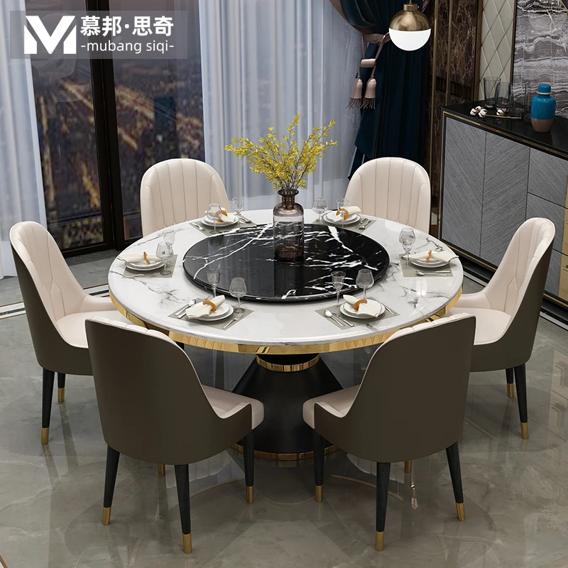 北欧大理石餐桌椅组合轻奢家用饭桌子后现代旋转转盘餐桌圆桌6人