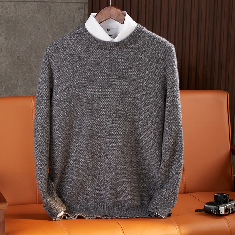 M19702男士圆领纯山羊绒桂花针套头毛衣长袖针织衫宽松纯色打底衫