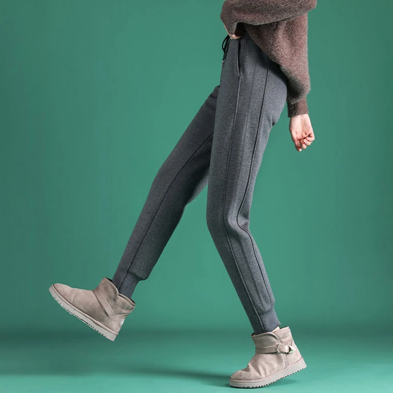 灰色加绒运动裤女小个子裤子八分秋冬加厚宽松束脚羊羔绒休闲卫裤