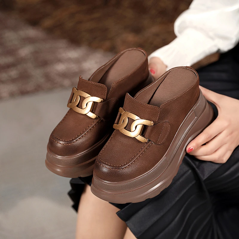 10cm软底增高女鞋复古英伦风包头半拖鞋女外穿网红学院小皮鞋单鞋