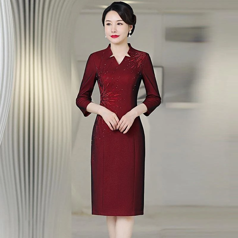 秋冬加绒钉珠婚宴妈妈礼服高端婚庆旗袍中年喜婆婆婚礼喜事连衣裙