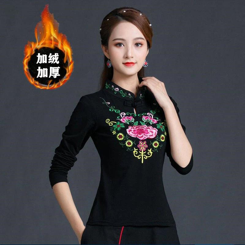 加绒加厚/不加绒 绣花长袖T恤上衣修身打底衫棉t民族风女装唐立领