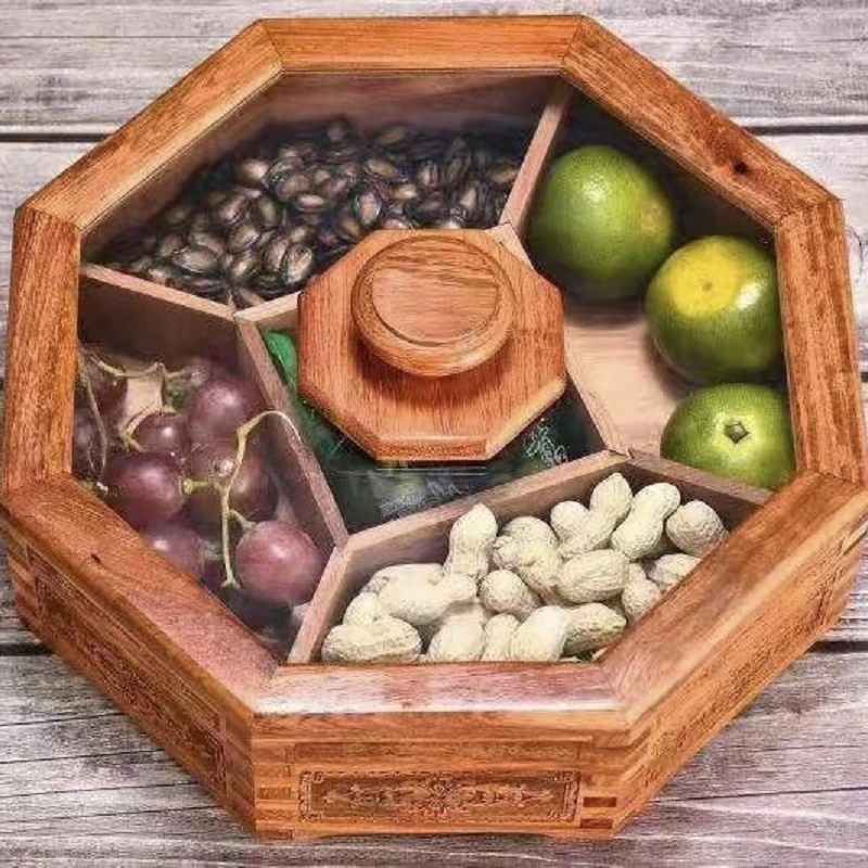 缅花实木八格带盖果盘无漆零食果盒木制收纳盒客厅茶几家用木质盒