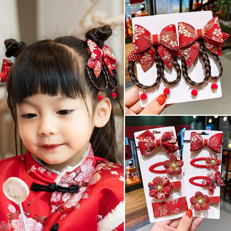 儿童红色新年头饰中国风头花发夹女童毛球流苏假发发饰