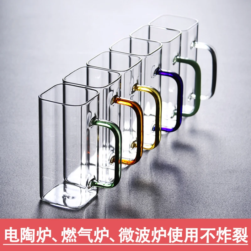 方形绿茶杯高硼硅玻璃杯简约水杯牛奶果汁杯办公杯家用泡茶杯带把