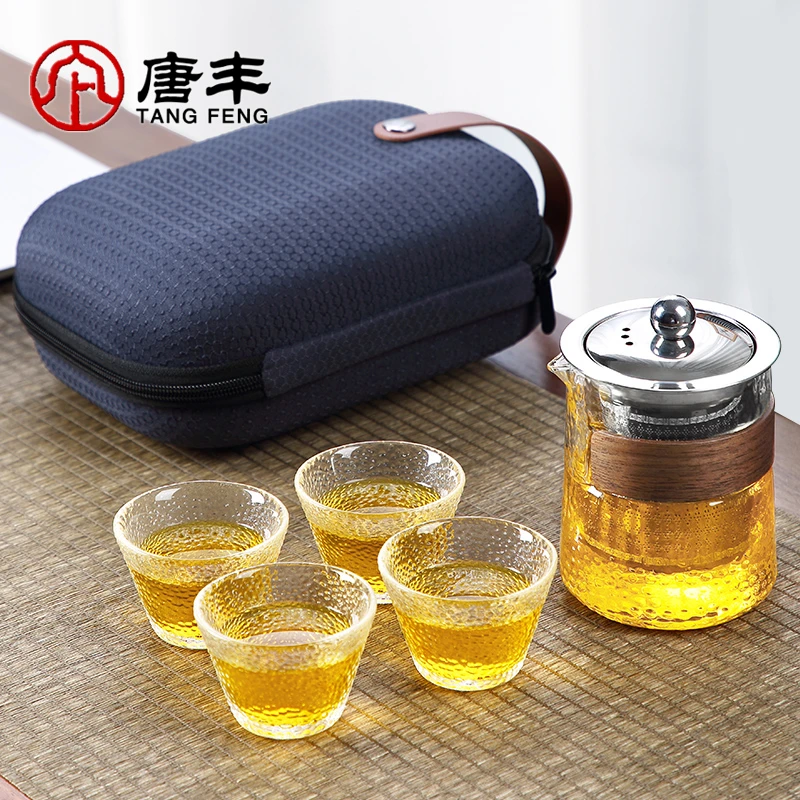 唐丰玻璃旅行茶具一壶四杯户外车载便携收纳包泡茶壶快客杯便携式