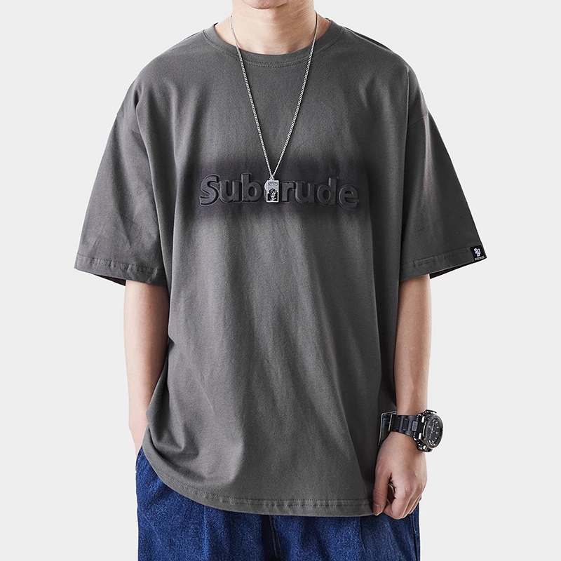 潮牌渐变色立体字母印花短袖男纯棉内搭T恤宽松圆领半袖休闲上衣