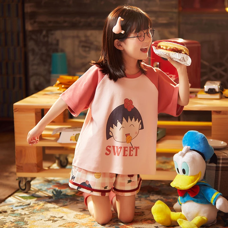 夏季睡衣纯棉短袖女童女孩夏季两件套薄款套装夏天外出家居服9023