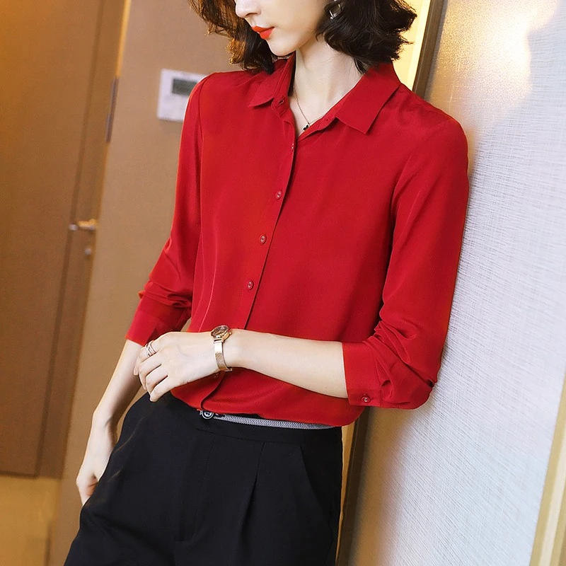 桑蚕丝真丝衬衫女基础款衬衣春季服饰纯色上衣时尚气质洋气设计感