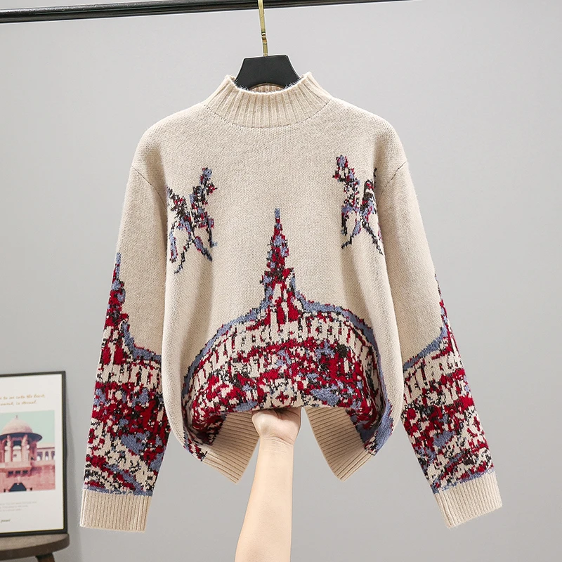 53111-米色【晶姐优选】半高领长袖针织套头毛衣打底衫上衣宽松秋冬