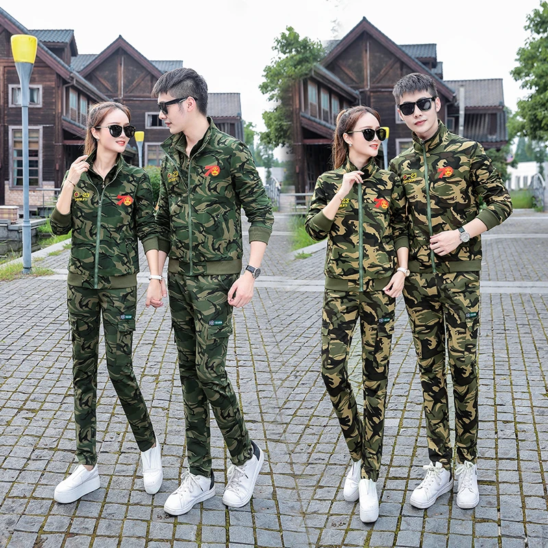 迷彩服男女式春秋广场舞服长袖套装修身男士休闲运动情侣装两件套