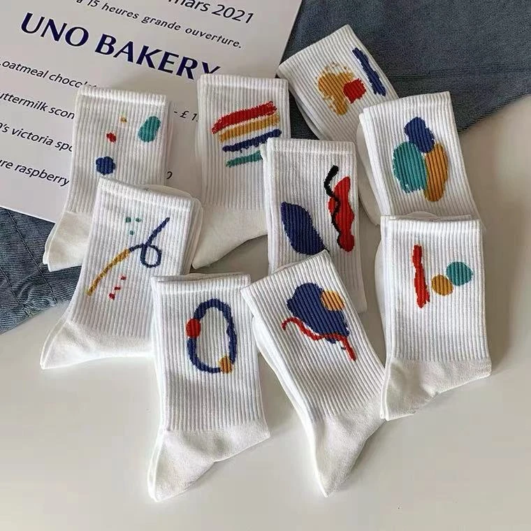 青少年纯白炫彩绘画棉袜五双装