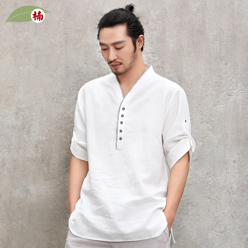 楠休闲夏季中式宽松薄款中国风t恤男全麻短袖麻复古半袖男士旭日