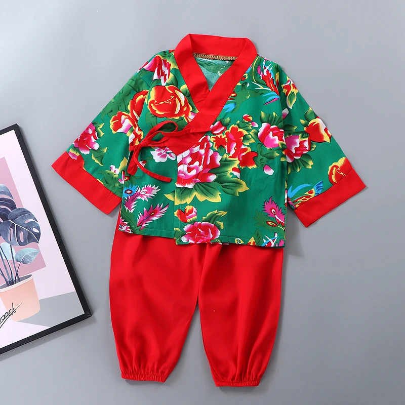 中国风夏季宝宝东北大花儿童棉绸汉服套装春秋季网红空调服
