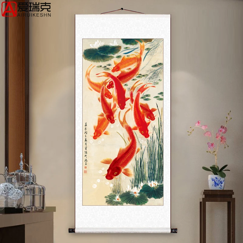 年年有鱼玄关装饰画九鱼图竖版装裱卷轴挂画连年有余进门靠山国画