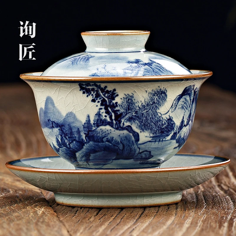 柴烧景德镇三才盖碗纯手工高档陶瓷单个青花瓷泡茶大号茶碗三件套