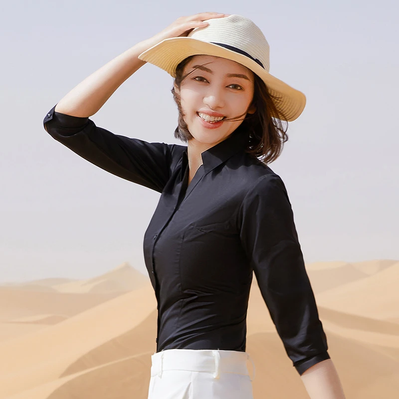【60棉-V领七分袖】黑色显瘦衬衫女中袖职业气质通勤设计感小众衬衣