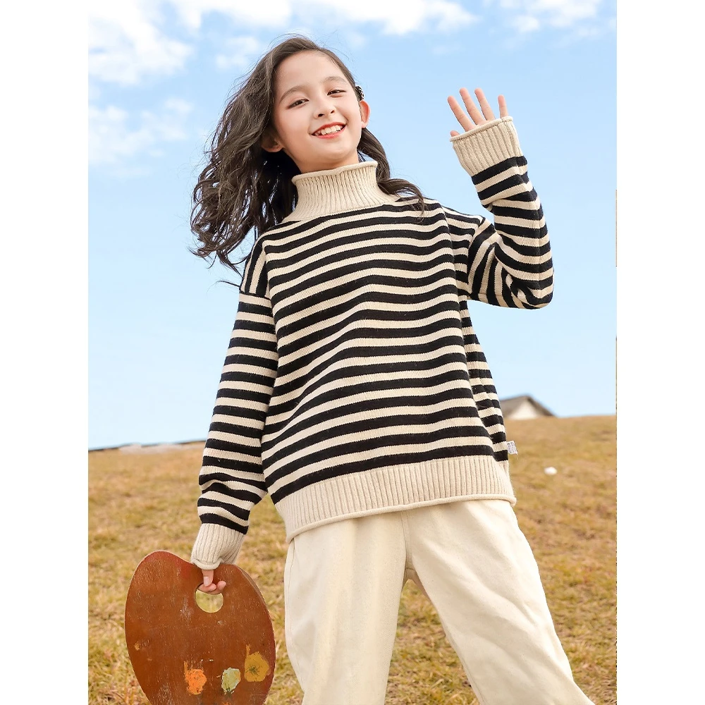女童毛衣秋冬装中大童儿童装20367条纹套头高领针织衫冬季8-16岁