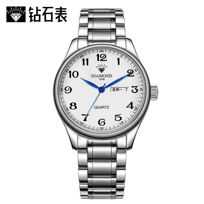 上海钻石手表男时尚商务休闲石英表超薄星期日历防水电子情侣表