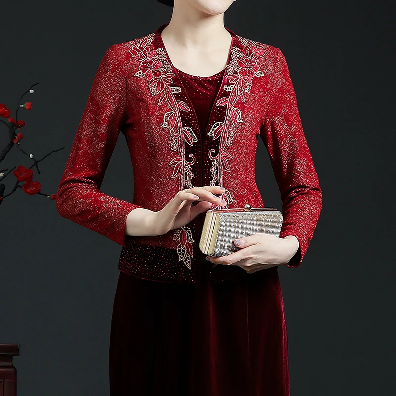 宸妙艳春秋新款女中老年妈妈装婚礼婚宴刺绣礼服两件套喜庆连衣裙