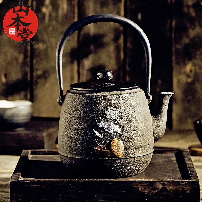 日本山本堂-荷叶翩翩，铁壶，手工镶嵌纯手工煮水家用烧水煮水壶
