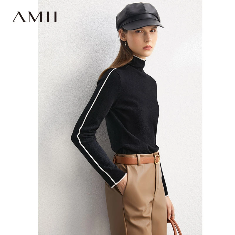 Amii百搭黑色针织衫女高领毛衣撞色长袖打底半高领上衣12040580