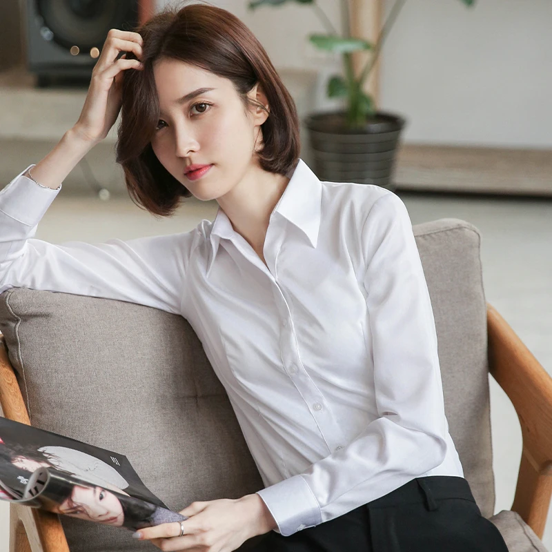 【60棉-V领】白色衬衫女长袖春秋季新款修身职业气质工作服正装衬衣