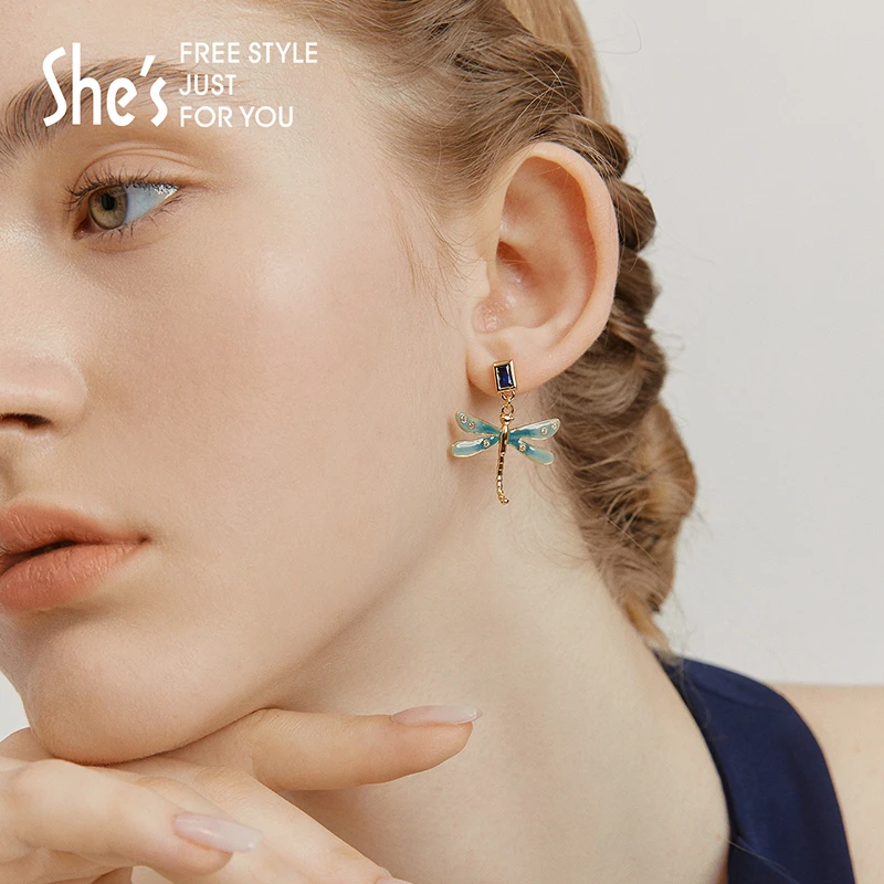 shes茜子蓝蜓集序系列手工滴油渐变蜻蜓浪漫耳环耳钉女耳坠女小