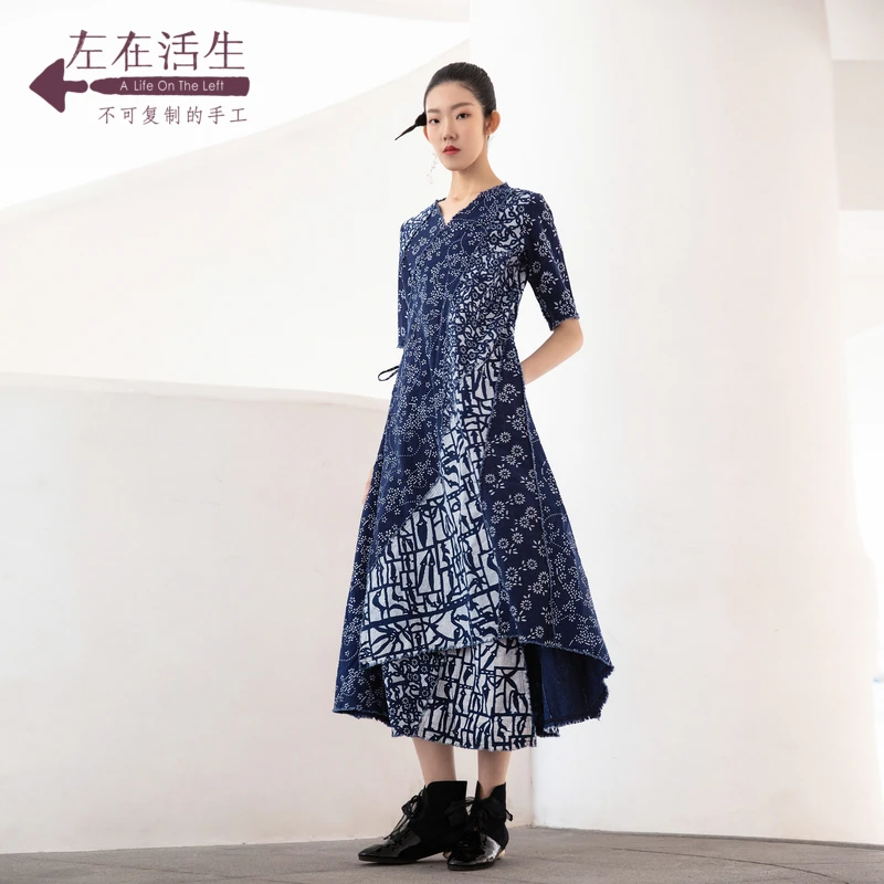 生活在左非遗蓝印花水田衣设计师文艺复古优雅蕾丝洋气女装连衣裙