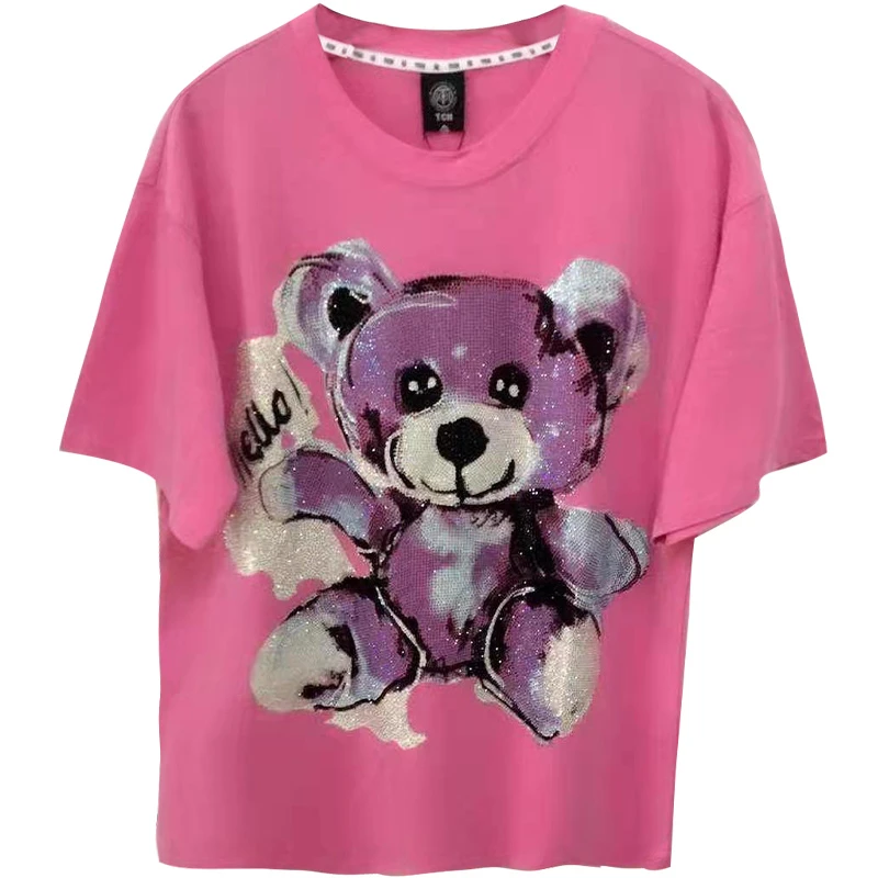 TCH轻奢烫钻工艺重工时尚小熊粉色宽松T恤女T212106202私服tch