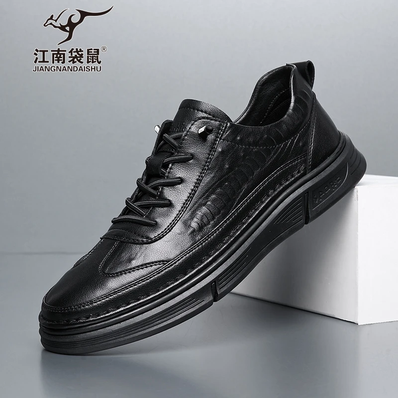 江南袋鼠秋季新款男士透气休闲鞋系带百搭圆头橡胶软底皮鞋80807