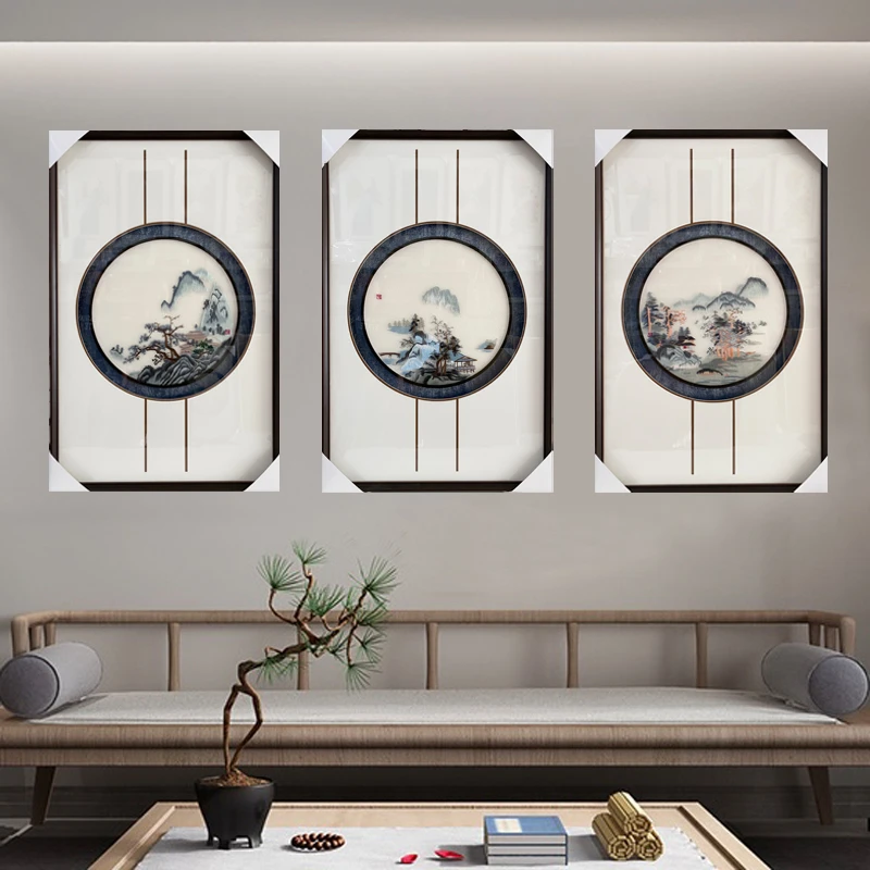 新中式客厅装饰画中国风刺绣实木框挂画卧室床头画餐厅书房墙画