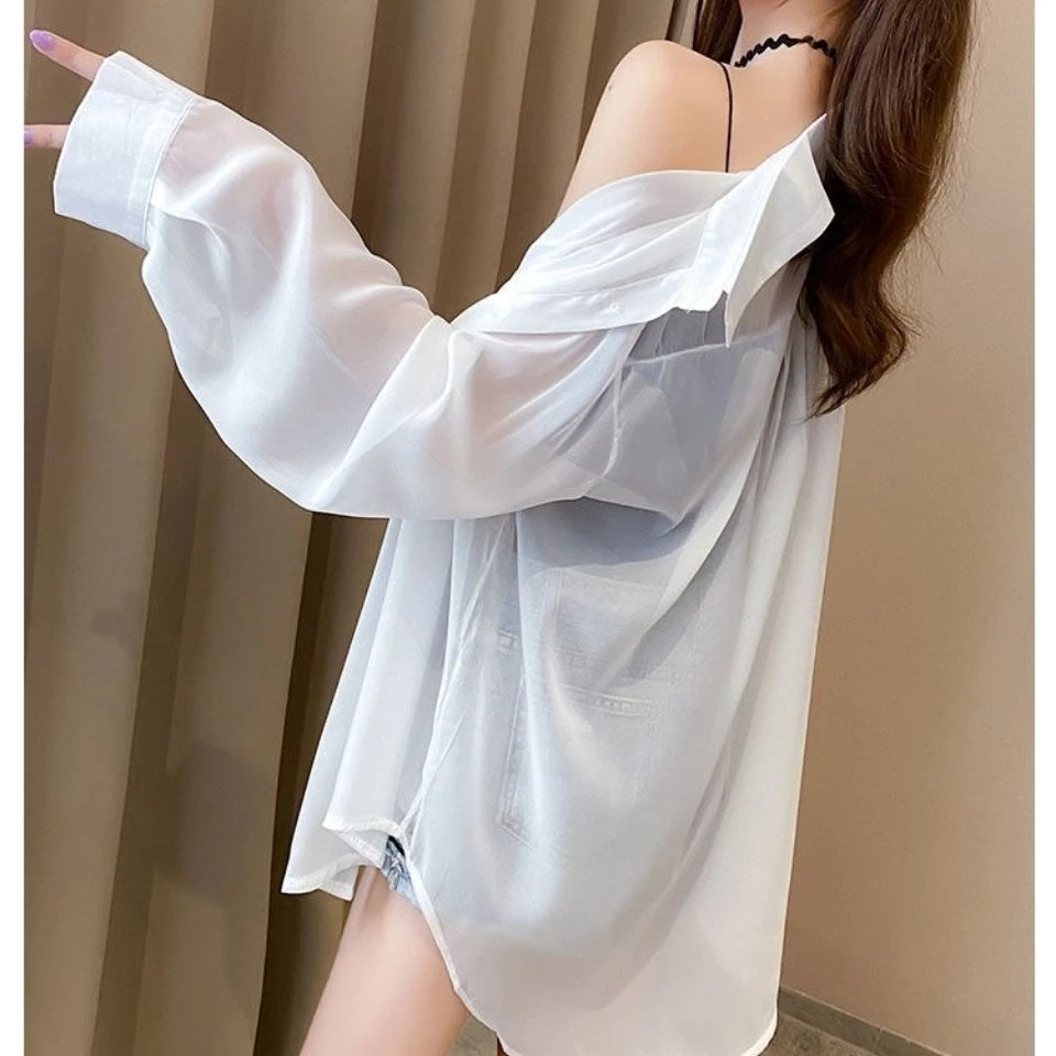 流行夏天纯色薄款冰丝长袖防晒衣衬衫韩版百搭宽松透气白色防晒服