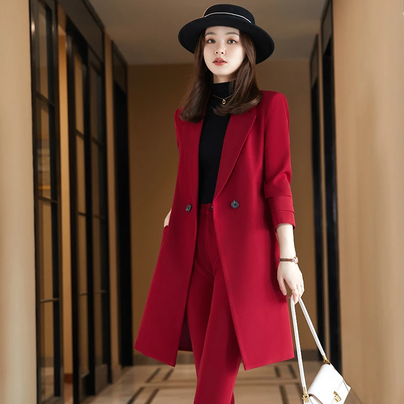 QQS红色西装外套女中长新款2021时尚气质春秋高端西服风衣职业套