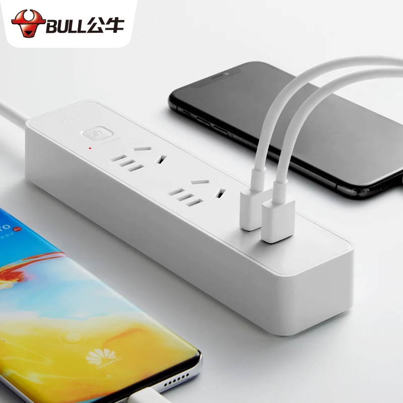 BULL/公牛小白系列带双口USB接线板多功能插座家用多孔排插线板