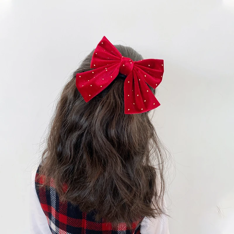 安吉拉儿童新年发饰丝绒秋冬毛球大蝴蝶结头顶夹公主