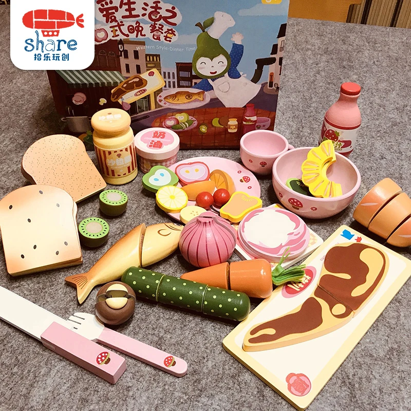 拾乐玩创 儿童过家家仿真西餐式套餐组合木质玩具切切看过家家