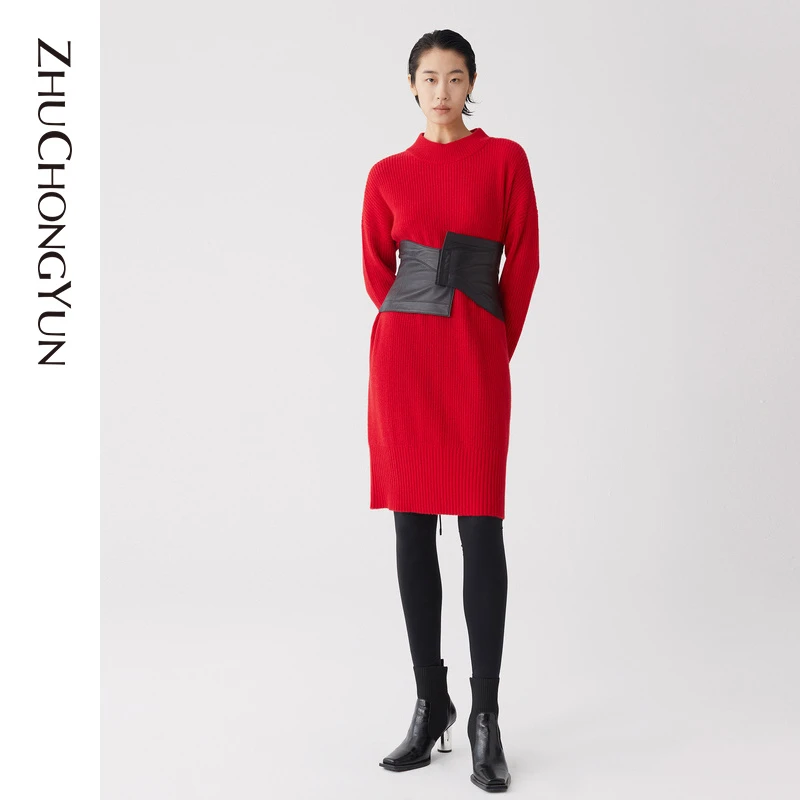 ZHUCHONGYUN通勤休闲红色圆领秋冬羊毛混纺针织连衣裙C1JS4765M