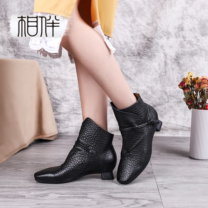 相伴相伴51771【一帆风顺】新款短靴真粗跟超柔软百搭复古女靴子