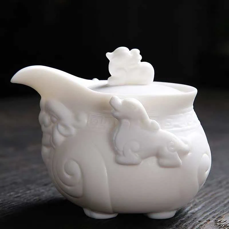 怀空羊脂玉素烧麒麟手抓壶250毫升德化白瓷泡茶器精美茶壶大号