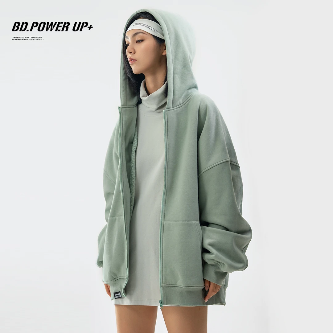 BD.POWER UP+加绒加厚卫衣男连帽开衫运动卫衣男宽松潮流百搭印花