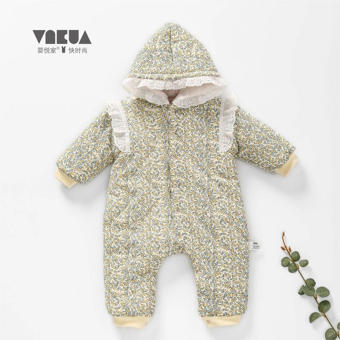 婴悦家女宝宝冬季84071花花公主开胸爬服夹棉连体0-3岁哈衣1800g