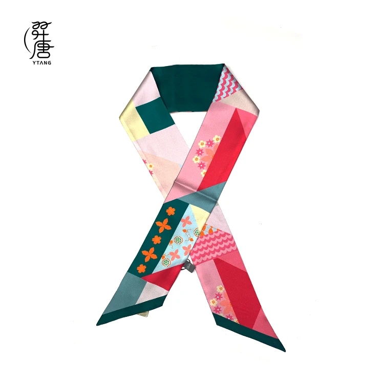 羿唐丝绸 桑蚕丝 窄巾 樱红绿艳