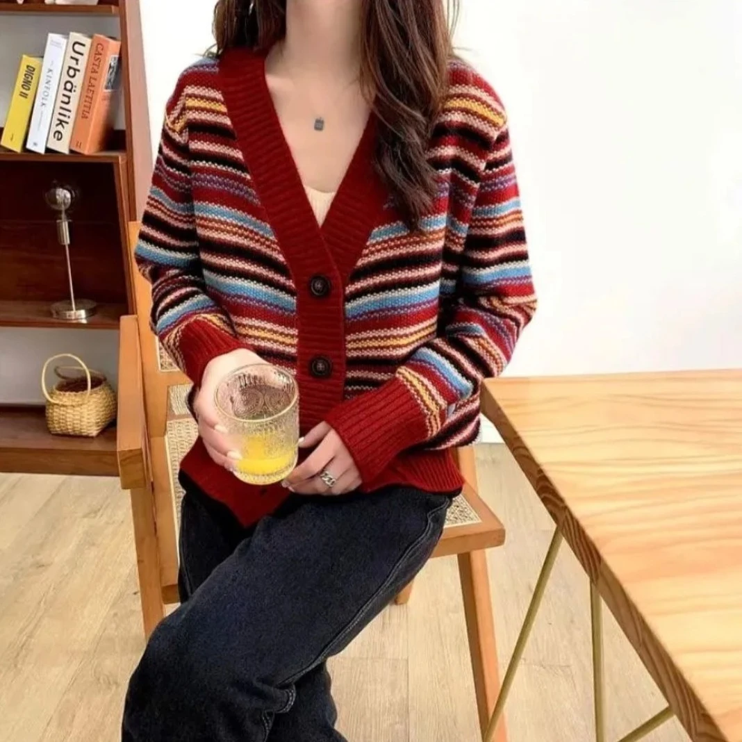 复古民族风条纹毛衣开衫女装外套百搭时尚宽松针织披肩春秋冬上衣