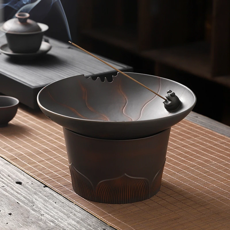 紫陶茶室大号多功能茶渣缸香插烟灰缸过滤茶渣桶带盖茶洗茶盅水孟