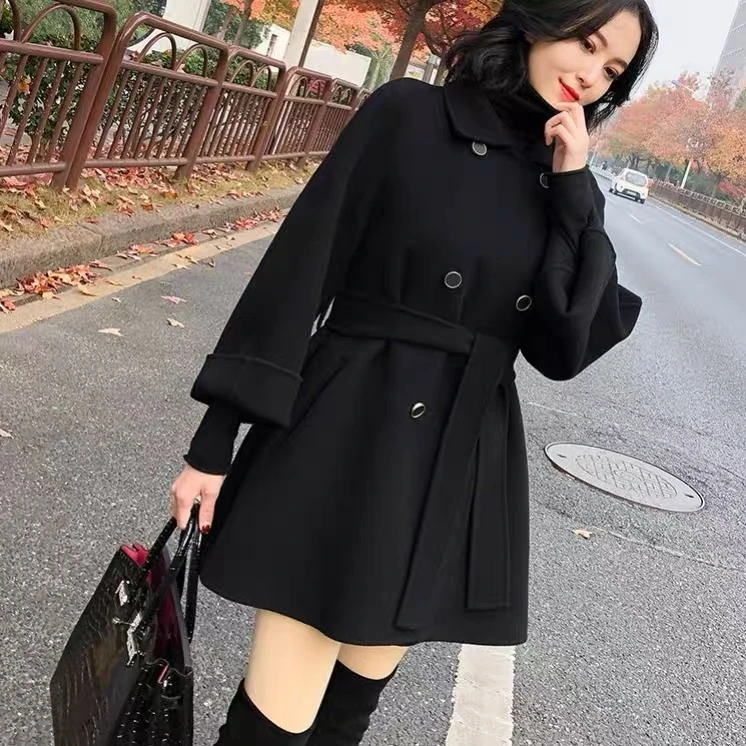 2022春秋加厚小个子针织双面呢大衣女黑色款收腰韩版大衣外套