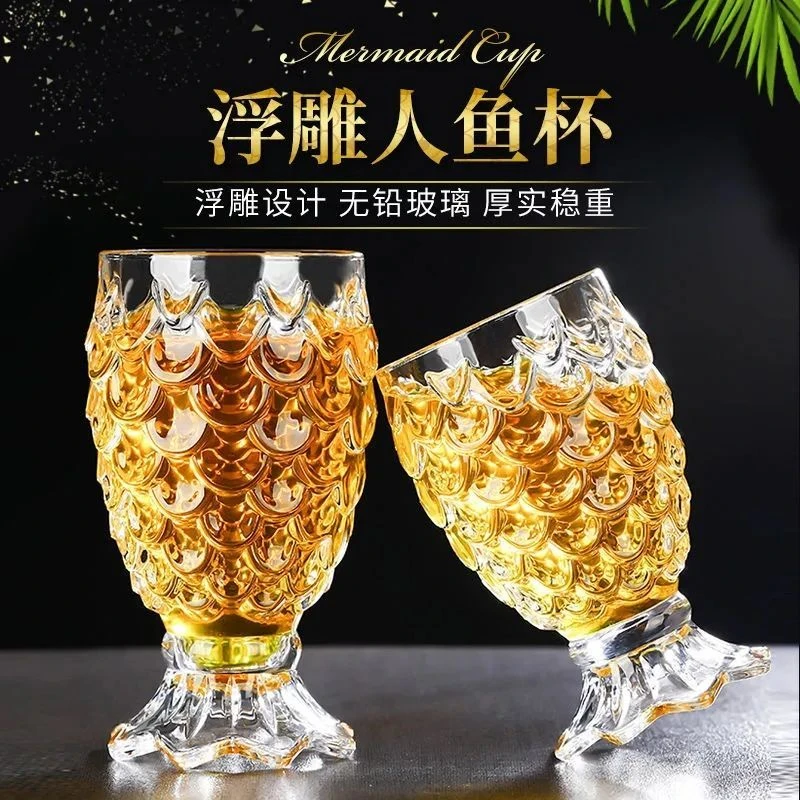 美人鱼玻璃杯鱼鳞纹家用高脚透明红酒杯子可爱果汁耐热ins高颜值