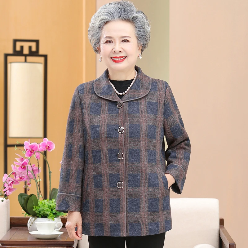 奶奶秋装格子外套老人妈妈宽松春秋中老年人女装太太衣服高贵秋季